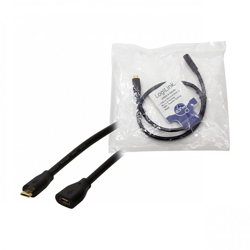 LogiLink CU0120 USB 2.0 prailginimo kabelis, Micro-USB B vyriškas į Micro-USB B moterišką, 0,5 m, juodas
