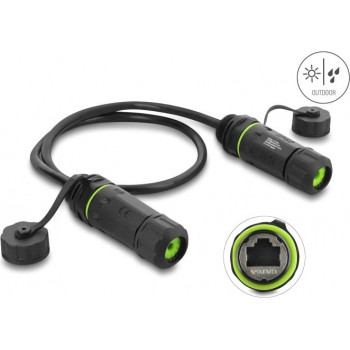 Delock dvigubas kabelio jungtis RJ45 lizdas į RJ45 lizdą Cat.6A, skirta montuoti su M20 x 1.5 mm sriegiu, IP68, atspari dulkėms ir vandeniui, 0.5 m, juoda (91839)