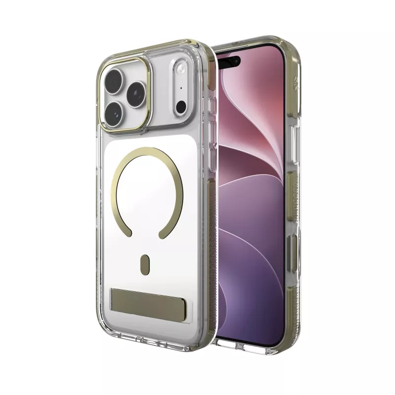 Zagg Santa Cruz Snap Metallic dėklas su stovu, skirtas iPhone 18 Pro Max / 17 Pro Max, auksinis