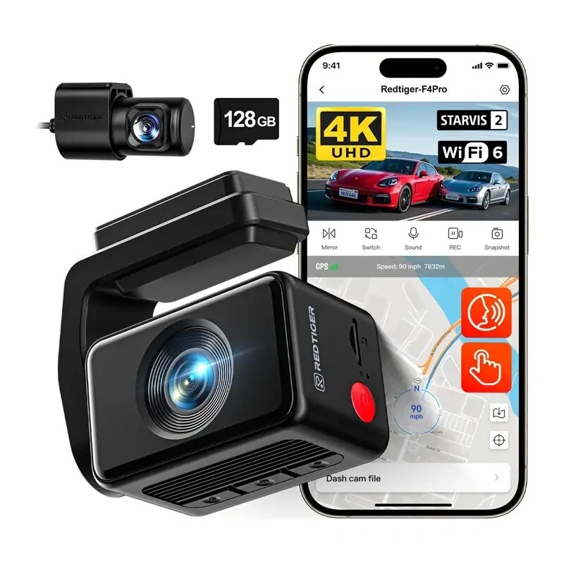 REDTIGER F4 Pro WiFi 4K + 1080p 128GB automobilinė vaizdo kamera (dashcam)