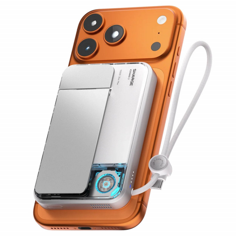 SHARGE ICEMAG 3 nešiojamas akumuliatorius, 10 000 mAh, 25 W Qi2, 35 W USB-C, baltas