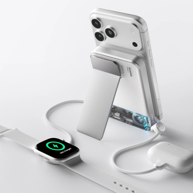 SHARGE ICEMAG 3 nešiojamas akumuliatorius, 10 000 mAh, 25 W Qi2, 35 W USB-C, baltas