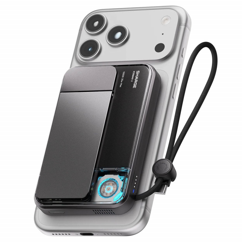 SHARGE ICEMAG 3 nešiojamas akumuliatorius, 10 000 mAh, 25 W Qi2, 35 W USB-C, juodas