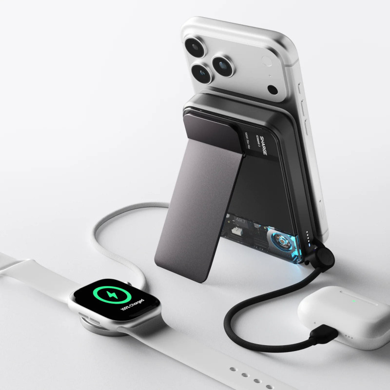 SHARGE ICEMAG 3 nešiojamas akumuliatorius, 10 000 mAh, 25 W Qi2, 35 W USB-C, juodas