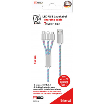 2GO USB laidas USB-B į USB-C/Micro-USB-B/Lightning, 1,5 m, įvairiaspalvis