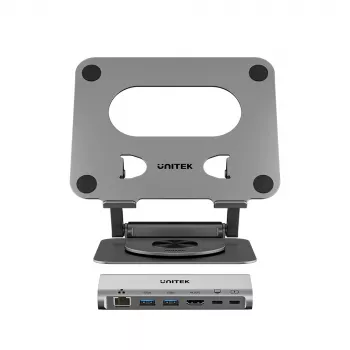 Unitek nešiojamojo kompiuterio stovas su nuimamu 5-in-1 USB-C šakotuvu - 2x USB-A 5Gbps, HDMI 4K@60Hz, RJ45, PD 100W (D1109CGY01)