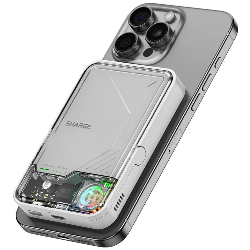SHARGE ICEMAG 2 nešiojamas įkroviklis, 10000 mAh, 15 W Qi2, 30 W USB-C, permatomas