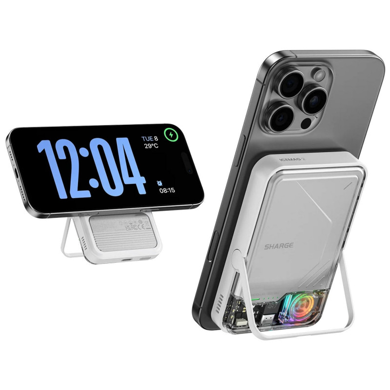 SHARGE ICEMAG 2 nešiojamas įkroviklis, 10000 mAh, 15 W Qi2, 30 W USB-C, permatomas
