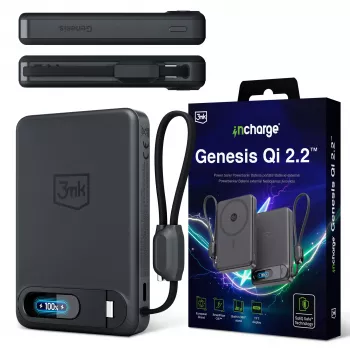 3mk incharge Genesis Qi2 25W belaidis įkroviklis + PD 45W su integruotu USB-C kabeliu, juodas