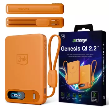 3mk incharge® Genesis Qi 2 25W belaidis įkroviklis + PD45W, su integruotu USB-C kabeliu, oranžinis