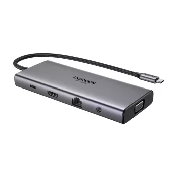 Ugreen CM639 USB-C šakotuvas, HDMI, VGA, 2x USB-C 3.2 10 Gbps, 2x USB, SD/TF, RJ45, Aux 3,5 mm, PD, 4K 60 Hz