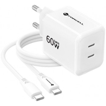 Forcell F-Energy GaN III Crystal Color VT-60 60W PD QC 4.0 2x USB-C sieninis įkroviklis, baltas + kabelis