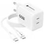 Forcell F-Energy GaN III Crystal Color VT-60 60W PD QC 4.0 2x USB-C sieninis įkroviklis, baltas + kabelis