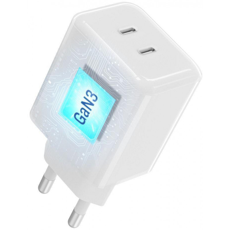 Forcell F-Energy GaN III Crystal Color VT-60 60W PD QC 4.0 2x USB-C sieninis įkroviklis, baltas + kabelis