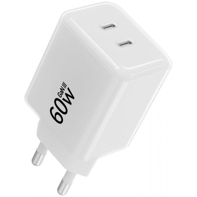 Forcell F-Energy GaN III Crystal Color VT-60 60W PD QC 4.0 2x USB-C sieninis įkroviklis, baltas + kabelis