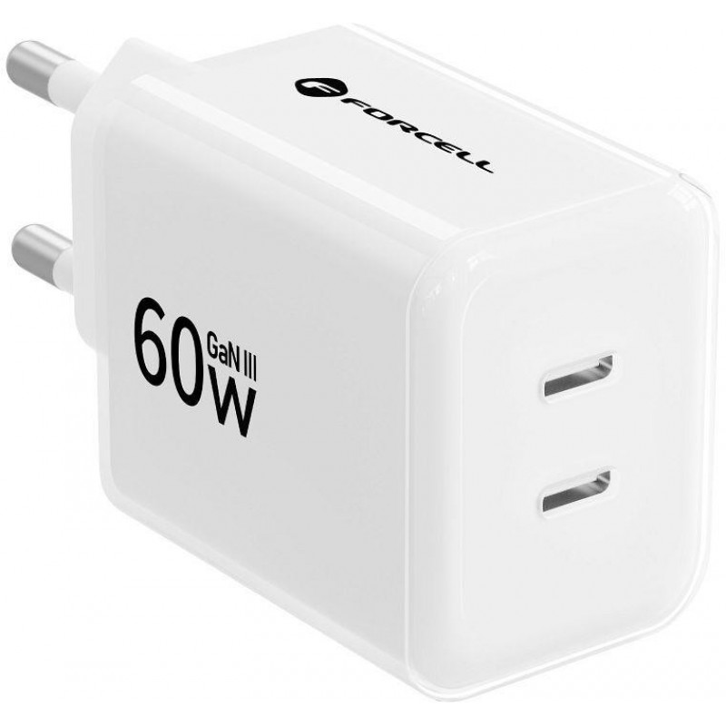 Forcell F-Energy GaN III Crystal Color VT-60 60W PD QC 4.0 2x USB-C sieninis įkroviklis, baltas + kabelis