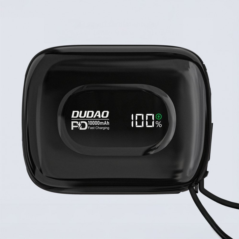 Dudao K32 nešiojamas įkroviklis 22.5W 10000 mAh su įmontuotais USB-C/Lightning kabeliais - juodas