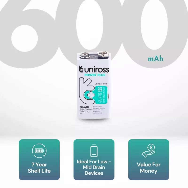 Uniross Power Plus šarminė baterija 6LR61 9V 600mAh, 1 vnt.
