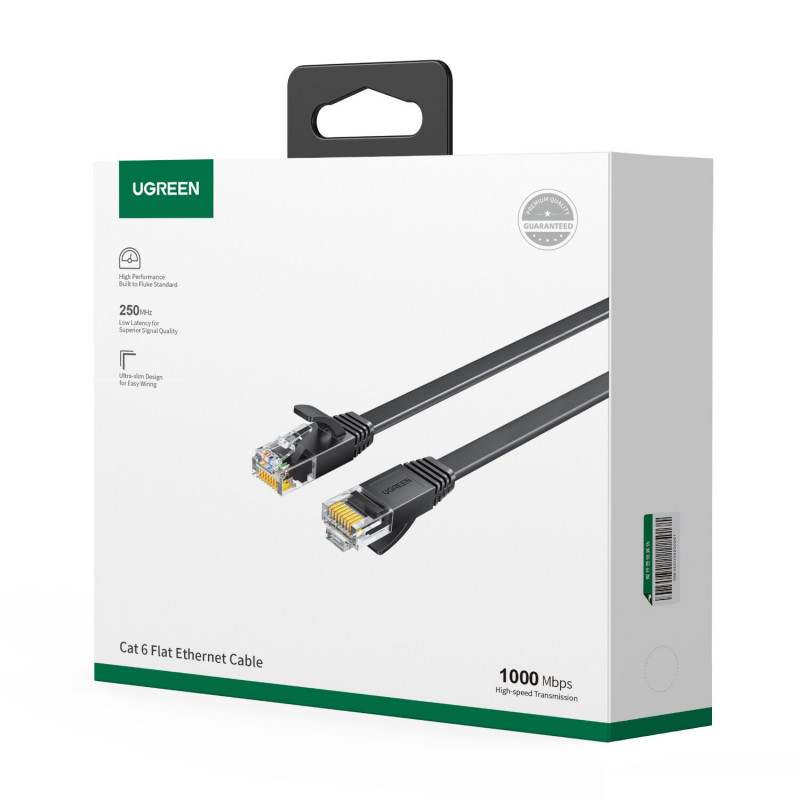 Ugreen NW102 plokščias Cat6 U/UTP komutacinis kabelis RJ45, 0,5 m, juodas
