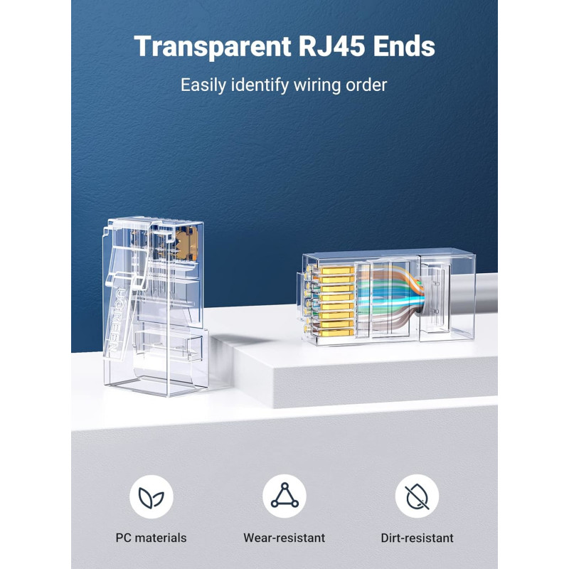 UGREEN Cat6 RJ45 moduliniai kištukai (50 vnt.) – permatomi su auksuotais kontaktais