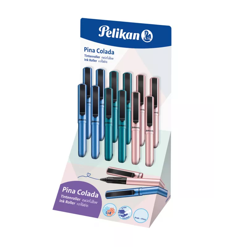 Pelikan Pina Colada rašiklis-roleris, 12 vnt. ekspozicinė dėžutė, metalizuotas korpusas ir dangtelis, juodas (605502)