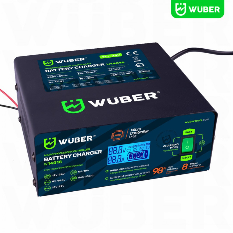 Wuber W14018 mikroprocesorinis automobilio akumuliatoriaus įkroviklis, 10 A, 6-150 Ah, 2-24 V