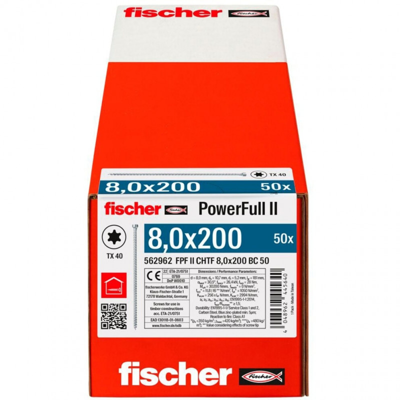 Fischer medsraigčiai PowerFull II 8.0x200 ZK TX VG (50 vnt., pilnas sriegis, cinkuoti)