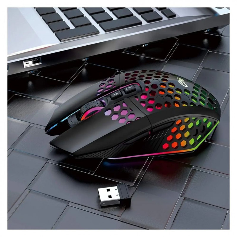 GameBox Gaming pelė RGB belaidė pelė 2.4GHz tuščiaviduris korpusas + USB įkrovimas 1600 DPI juoda