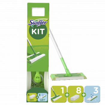 Swiffer Sweeper pradinis rinkinys su 11 šluostėmis (sausos 8 vnt. + šlapios 3 vnt.)
