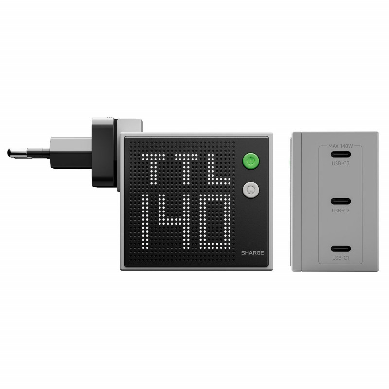 SHARGE Pixel 140 GaN įkroviklis, 140W, 3x USB-C, taškinės matricos ekranas - pilkas