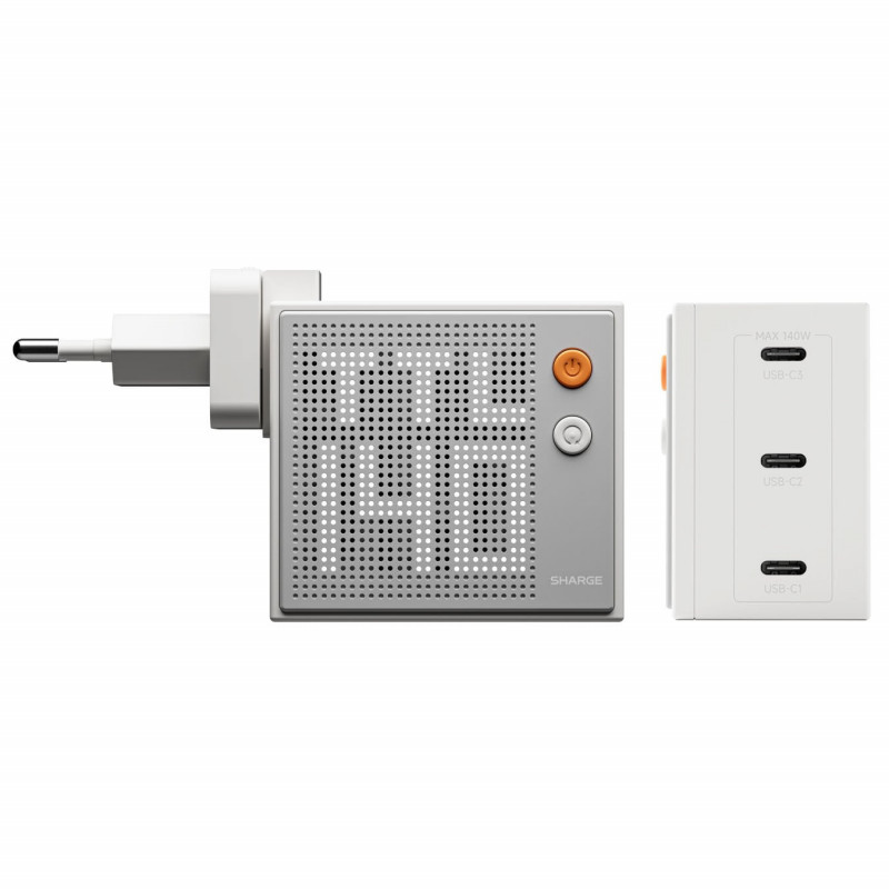 SHARGE Pixel 140 GaN įkroviklis, 140W, 3x USB-C, taškinės matricos ekranas - baltas