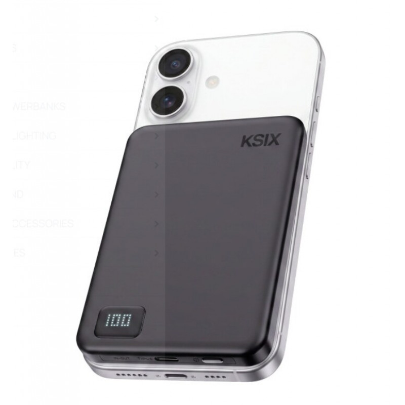 Ksix Magslim 5000 mAh magnetinė išorinė baterija, USB-C PD 20W, su skaitmeniniu ekranu, juoda