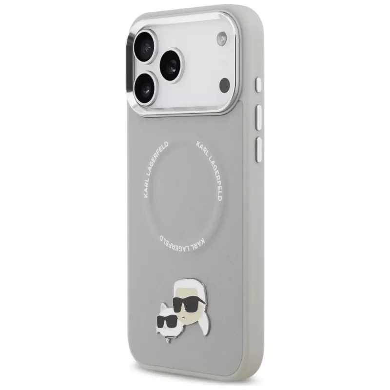 Dėklas Karl Lagerfeld Karl & Choupette Pins MagSafe, skirtas iPhone 17 Pro, pilkas
