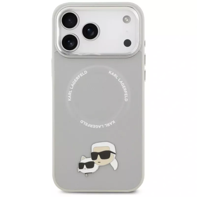 Dėklas Karl Lagerfeld Karl & Choupette Pins MagSafe, skirtas iPhone 17 Pro, pilkas
