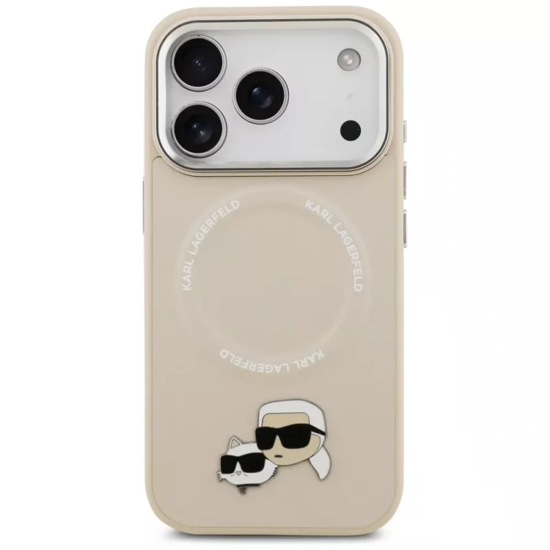 Dėklas Karl Lagerfeld Karl & Choupette Pins MagSafe, skirtas iPhone 17 Pro Max, smėlio spalvos