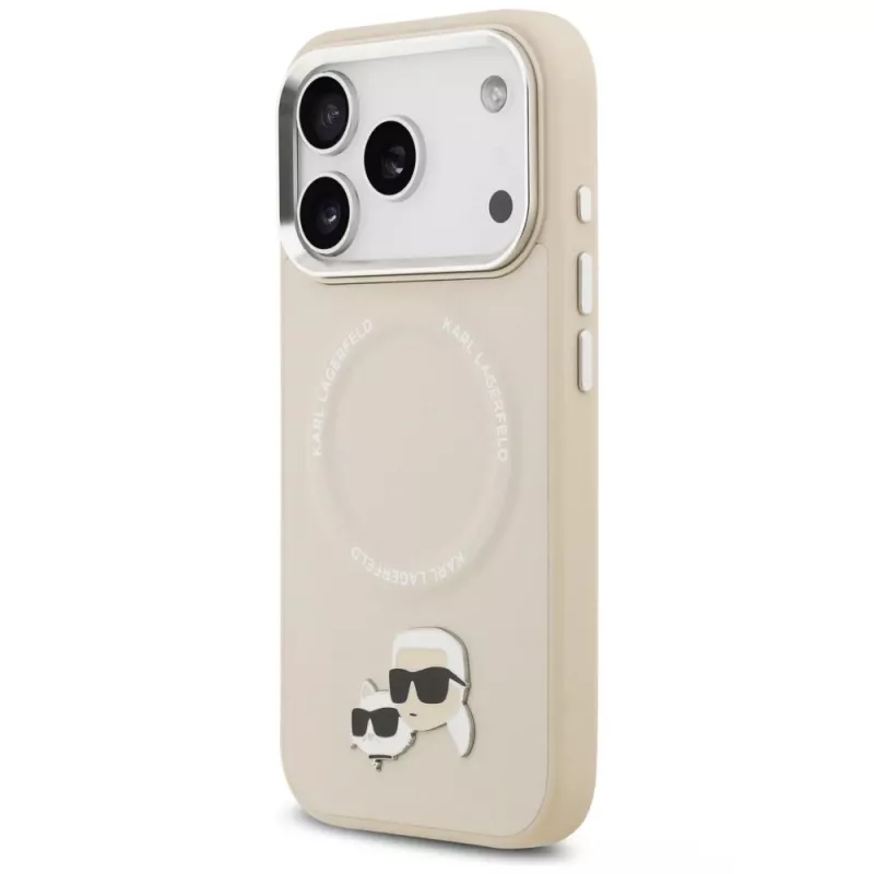 Dėklas Karl Lagerfeld Karl & Choupette Pins MagSafe, skirtas iPhone 17 Pro, smėlio spalvos