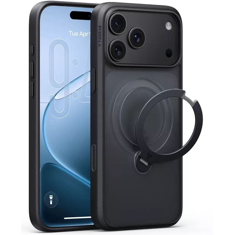 TORRAS Ostand Q3 Spin – dėklas iPhone 18 Pro / 17 Pro, suderinamas su MagSafe (juodas)