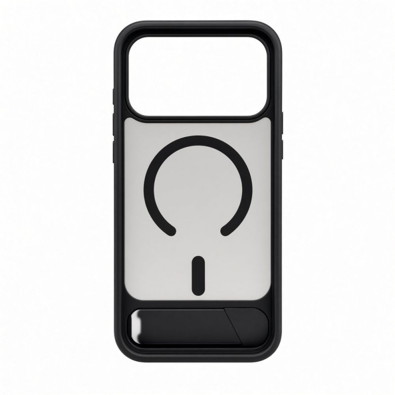 Evelatus gumuotu paviršiumi MagSafe dėklas su stovu, skirtas Apple iPhone 18 Pro Max, juodas
