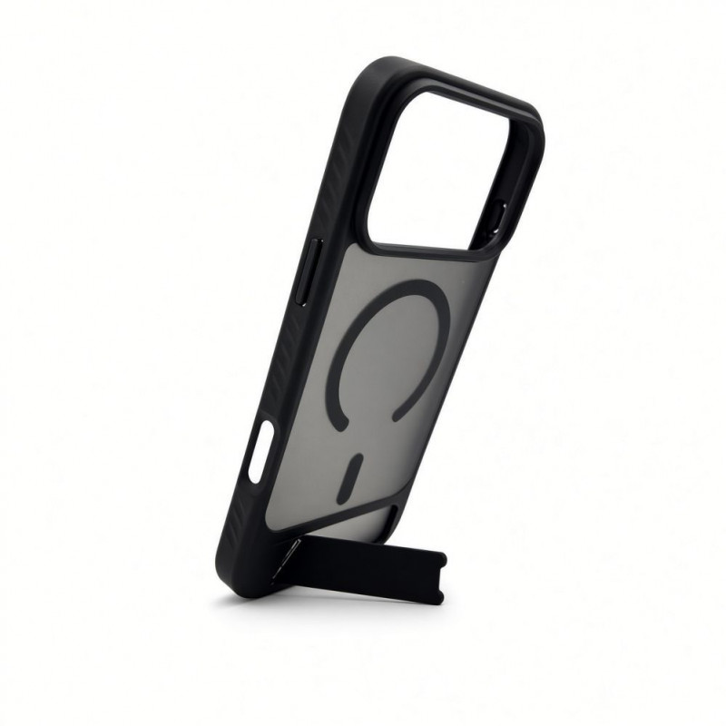 Evelatus gumuotu paviršiumi MagSafe dėklas su stovu, skirtas Apple iPhone 18 Pro Max, juodas