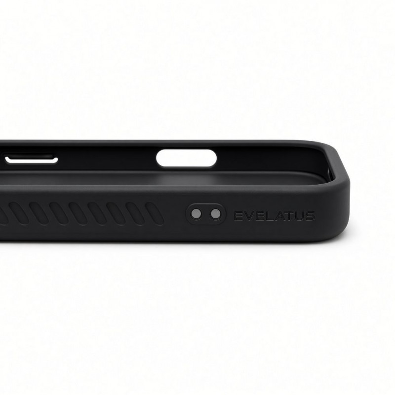 Evelatus gumuotu paviršiumi MagSafe dėklas su stovu, skirtas Apple iPhone 18 Pro Max, juodas