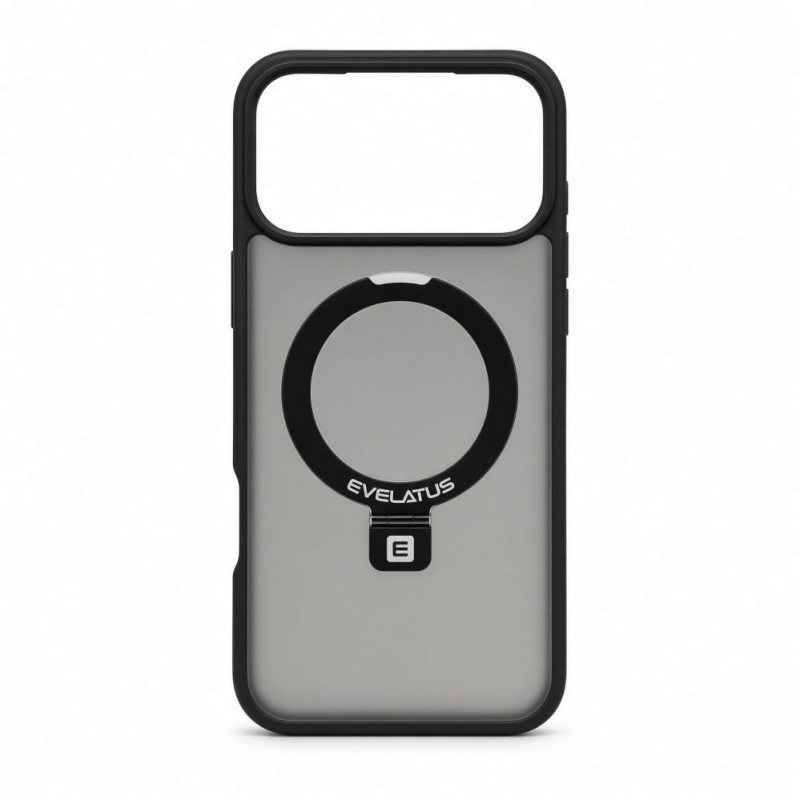 Evelatus Shield dėklas su MagSafe ir stovu, skirtas Apple iPhone 18 Pro, matinis žiedas, juodas