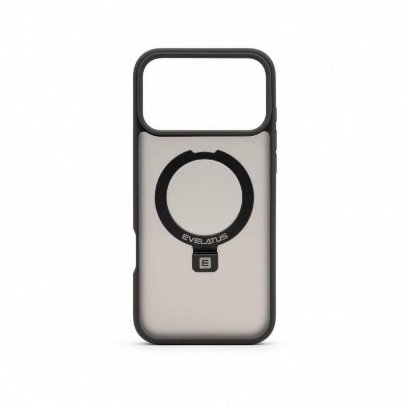 Evelatus Shield dėklas su MagSafe ir stovu, skirtas Apple iPhone 18 Pro, matiniu žiedu, dūminės pilkos spalvos