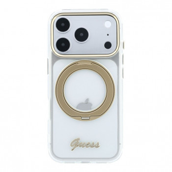 Guess HC MagSafe IML Ring Stand 360 Script Metal Logo dėklas Apple iPhone 18 Pro, permatomas