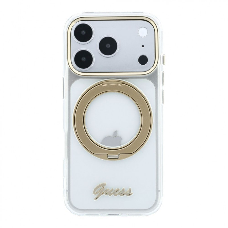 Guess HC MagSafe IML Ring Stand 360 Script Metal Logo dėklas Apple iPhone 18 Pro, permatomas