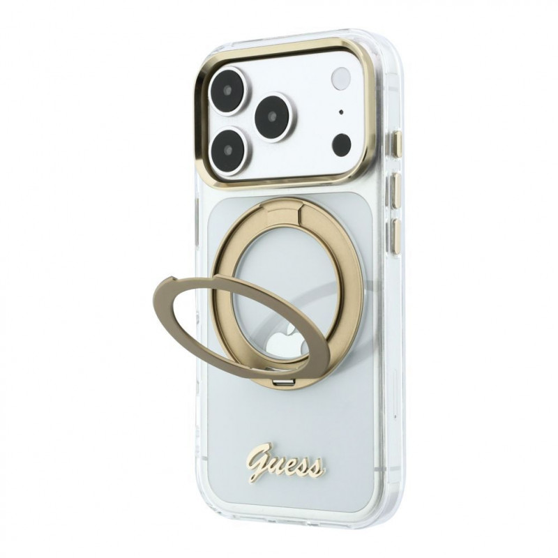 Guess HC MagSafe IML Ring Stand 360 Script Metal Logo dėklas Apple iPhone 18 Pro, permatomas