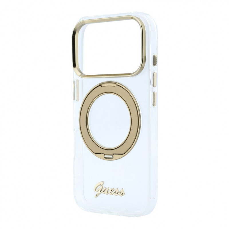 Guess HC MagSafe IML Ring Stand 360 Script Metal Logo dėklas Apple iPhone 18 Pro, permatomas