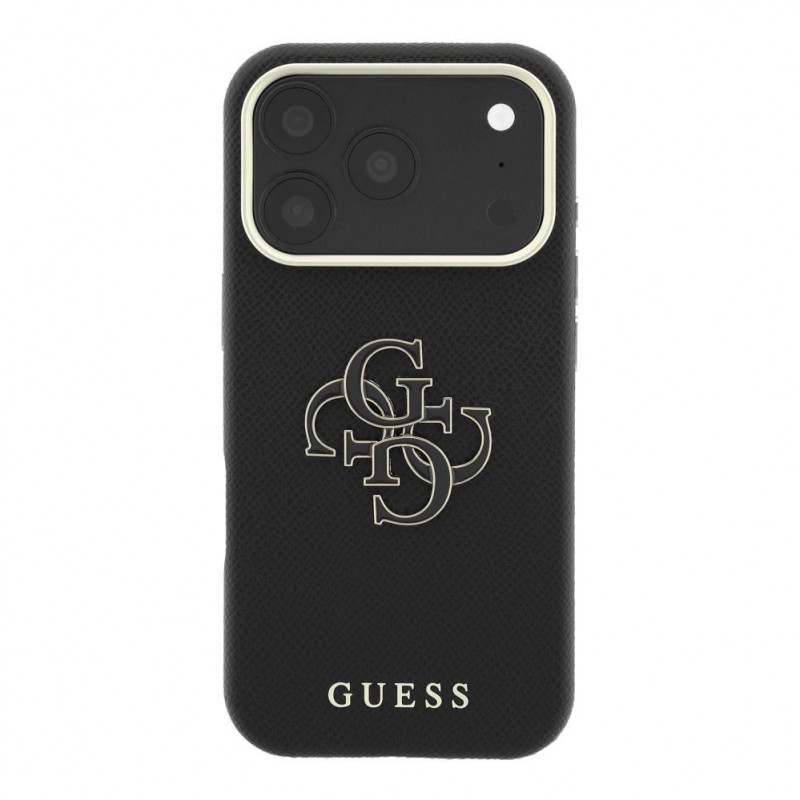 Guess SW grūdėtos PU odos ir didelio dervinio logotipo dėklas, skirtas Apple iPhone 18 Pro, juodas
