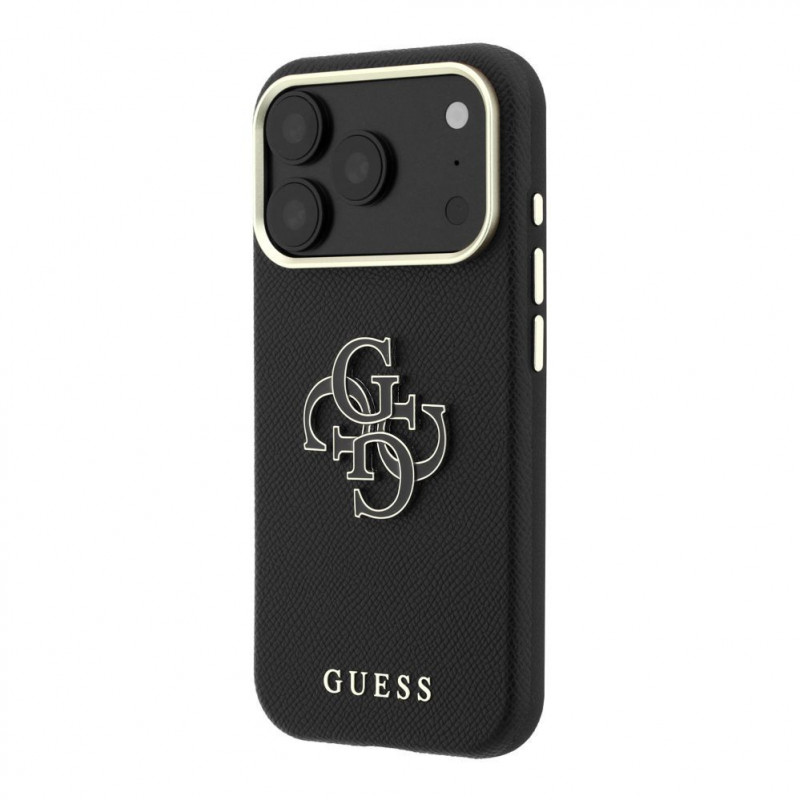 Guess SW grūdėtos PU odos ir didelio dervinio logotipo dėklas, skirtas Apple iPhone 18 Pro, juodas
