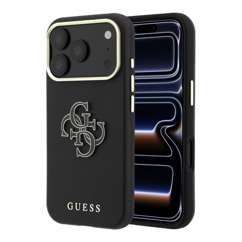 Guess SW grūdėtos PU odos ir didelio dervinio logotipo dėklas, skirtas Apple iPhone 18 Pro, juodas