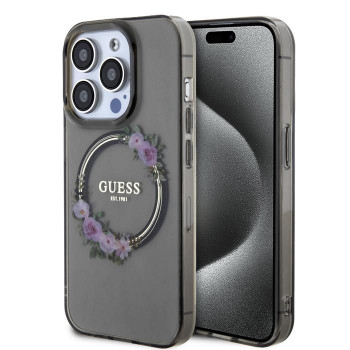 Guess PC/TPU Flowers Ring Glossy Logo MagSafe dėklas Apple iPhone 15 Pro, permatomas juodas (GUHMP15LHFWFCK)